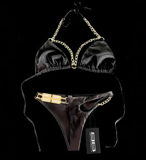 "DUBAI" Gold, Chain and Crystal Embellishment BB Bikini in Midnight Black - Image 2